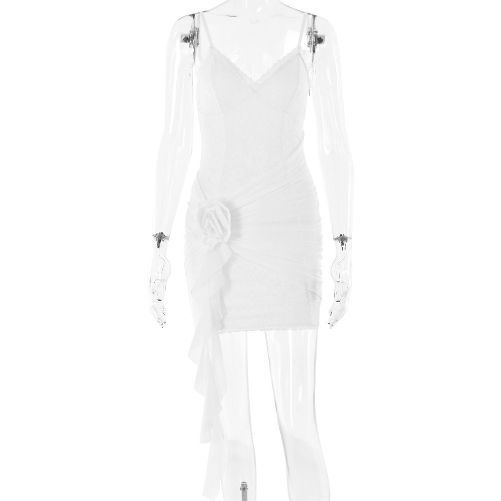 Women Alluring Short Bodycon Dress With Delicate Lace‑Mesh Patchwork, Thin Cami Straps & Open‑Back Detail_ecoleips.com