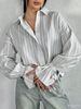 Women's Striped Shirt European American Style Long Sleeve Puff Sleeve Loose Fit Fashionable Versatile Top_ecoleips.com