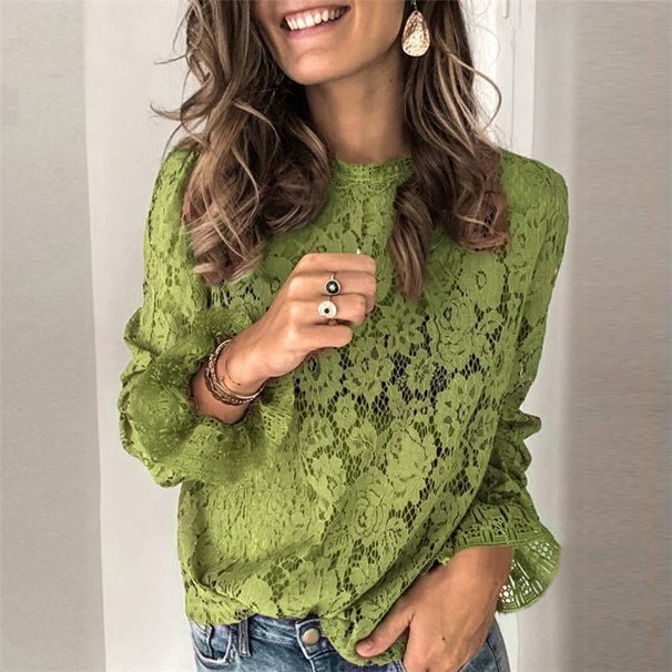 Elegant Lace Long Sleeve Blouse With Bell Sleeves - Breathable Cotton Blend, Loose Fit, Round Neck, Versatile For Casual & Streetwear_ecoleips.com