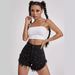 2024 Spring/Summer Amazon New European And American Women's Fashion Sexy Beaded Ultra-Short High-Waisted Raw Edge Denim_ecoleips.com