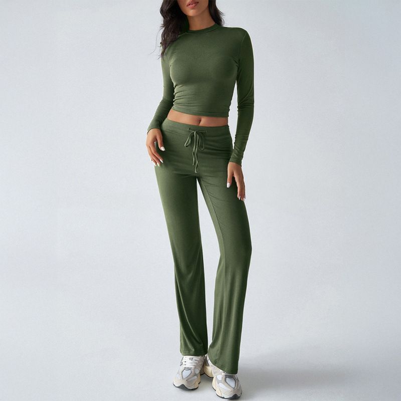 Indie Fashion Sports Yoga Long Sleeve T-Shirt Solid Color Trouser Set Slim Fit_ecoleips.com
