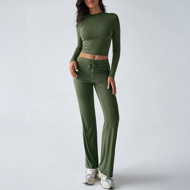 Indie Fashion Sports Yoga Long Sleeve T-Shirt Solid Color Trouser Set Slim Fit_ecoleips.com