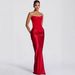 High Quality Heavy Satin Midi Skirt Strapless Two Piece Set Sexy Ribbon Tie up Top European American Style Women's Clothing Dress_ecoleips.com