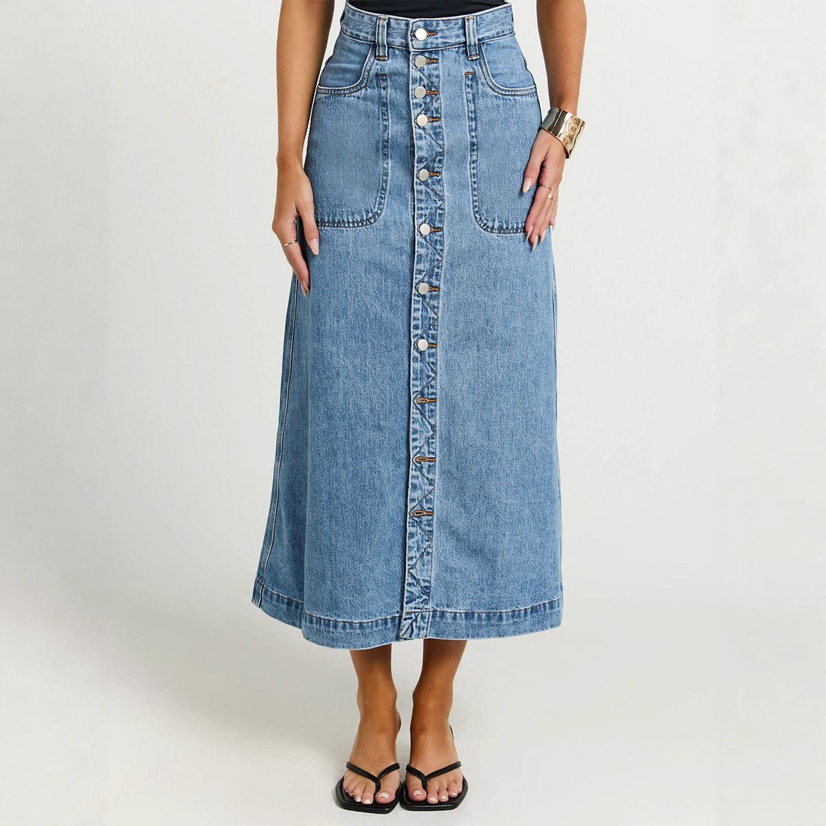 Women's Clothing Blue Button Down Midi Denim Skirt European American Style Women's Bottoms Fashion_ecoleips.com