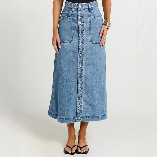 Women's Clothing Blue Button Down Midi Denim Skirt European American Style Women's Bottoms Fashion_ecoleips.com