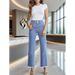 Comfortable Women's Light Blue Straight Leg Jeans Multiple Buttons Frayed Edges Cross Border Exclusive Factory Direct_ecoleips.com