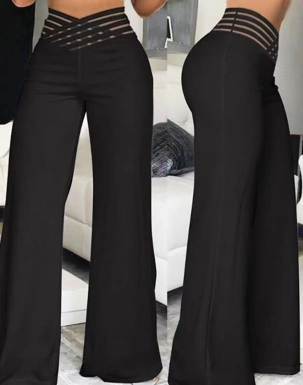 Women's High Waist Wide Leg Trousers Hollow Belt Temperament Commuting Flared Trousers Casual Bottoms_ecoleips.com