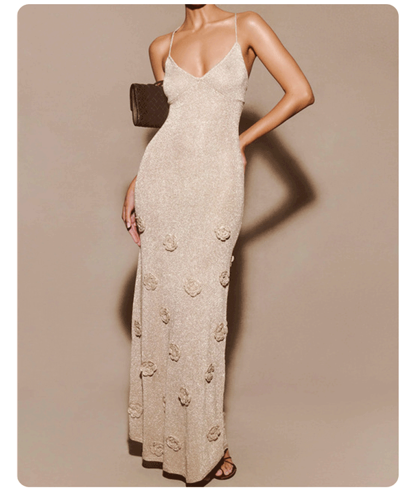Women's Slim Long Skirt V Neck Knitted Suspender Summer Dress Solid Color Fashion For Females_ecoleips.com