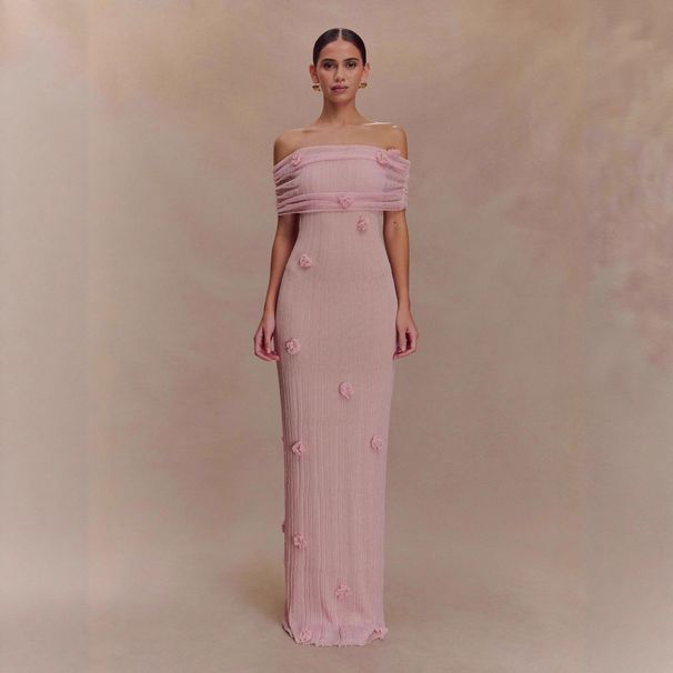 Women's Off Shoulder Solid Color Knit 3D Floral Bodycon Maxi Dress – Elegant Resort Party Gown_ecoleips.com