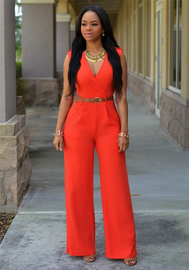 Women's Clothing Sexy Women's Clothing With Pockets For High Waist V Neck Wide Leg Pants Irregular Jumpsuit With Belt_ecoleips.com