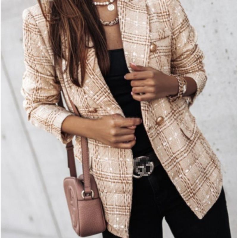 Women's Clothing Women's Double Breasted Printed Jacket Long Sleeved Suit Collar Autumn Winter Long Sleeve For Formal & Casual For Women_ecoleips.com