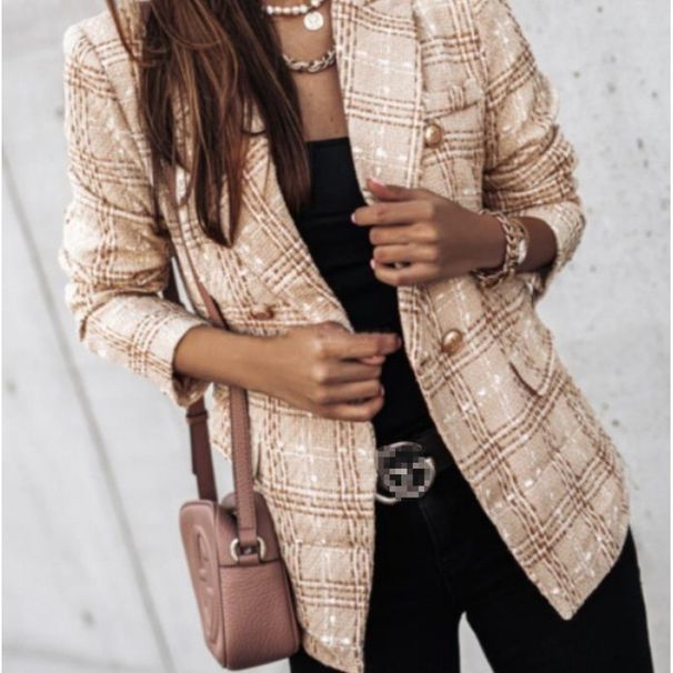 Women's Clothing Women's Double Breasted Printed Jacket Long Sleeved Suit Collar Autumn Winter Long Sleeve For Formal & Casual For Women_ecoleips.com