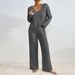 Women's Casual V-Neck Knit Sweater & Lounge Pants Set Soft Brushed Texture Loose Fit Two-Piece Outfit_ecoleips.com