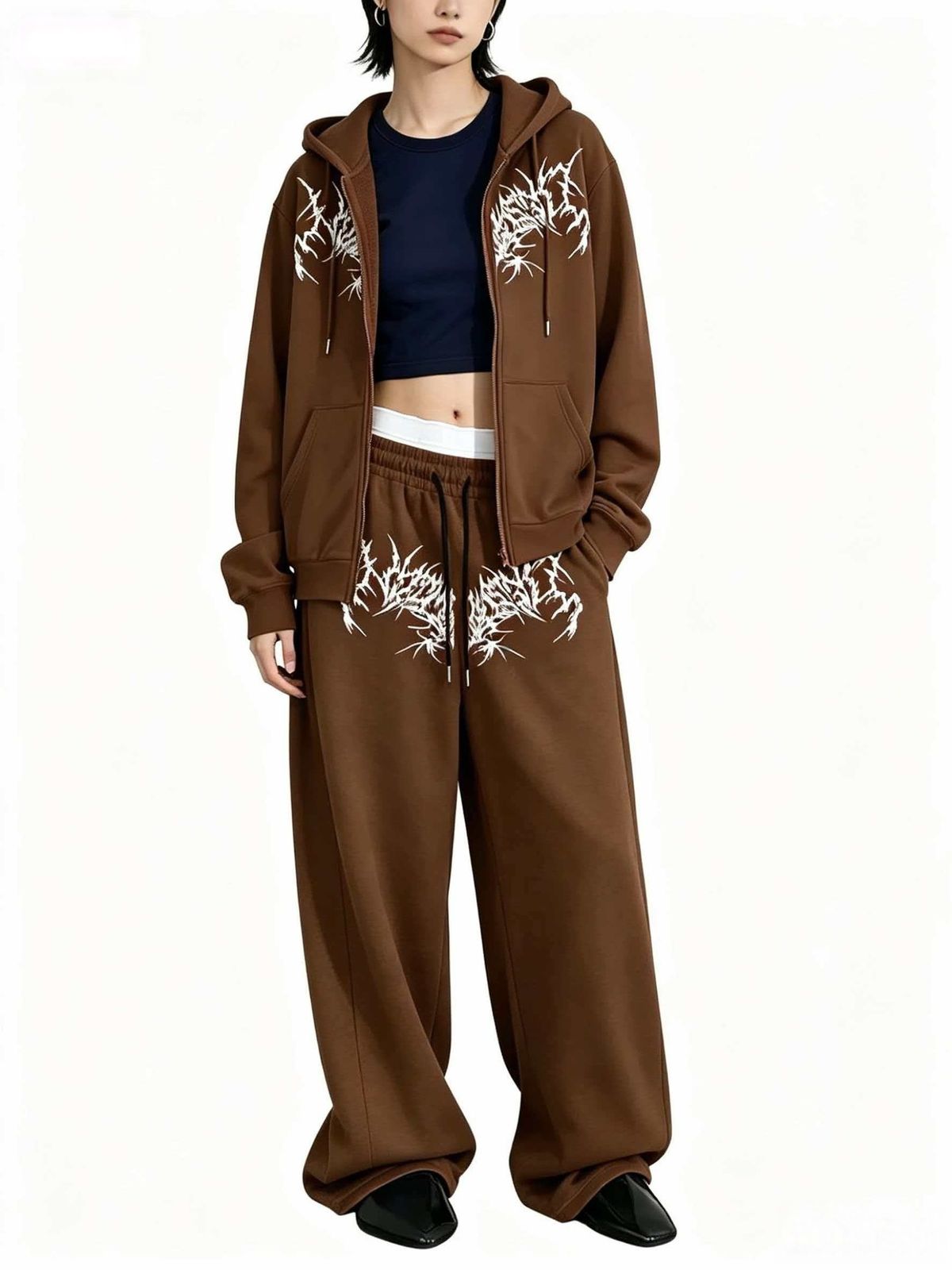 Women's European American Style Hooded Zip up Sweatshirt Set Trendy Brand Patterned Print Loose Wide Leg Pants Two Piece Set_ecoleips.com