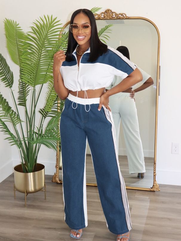 Women's Clothing Denim Stitching Color Stand Up Collar Zipper Top Wide Leg Pants Two Piece Set_ecoleips.com