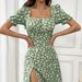 Women's Spring/Summer Puff Sleeve Slit Midi Dress French Square Neck Daisy Floral Print Bohemian Style Casual Dress_ecoleips.com