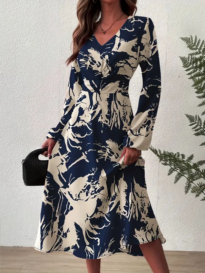 Women's Clothing Spring And Autumn New V Neck Temperament Dress Printed Long Skirt_ecoleips.com