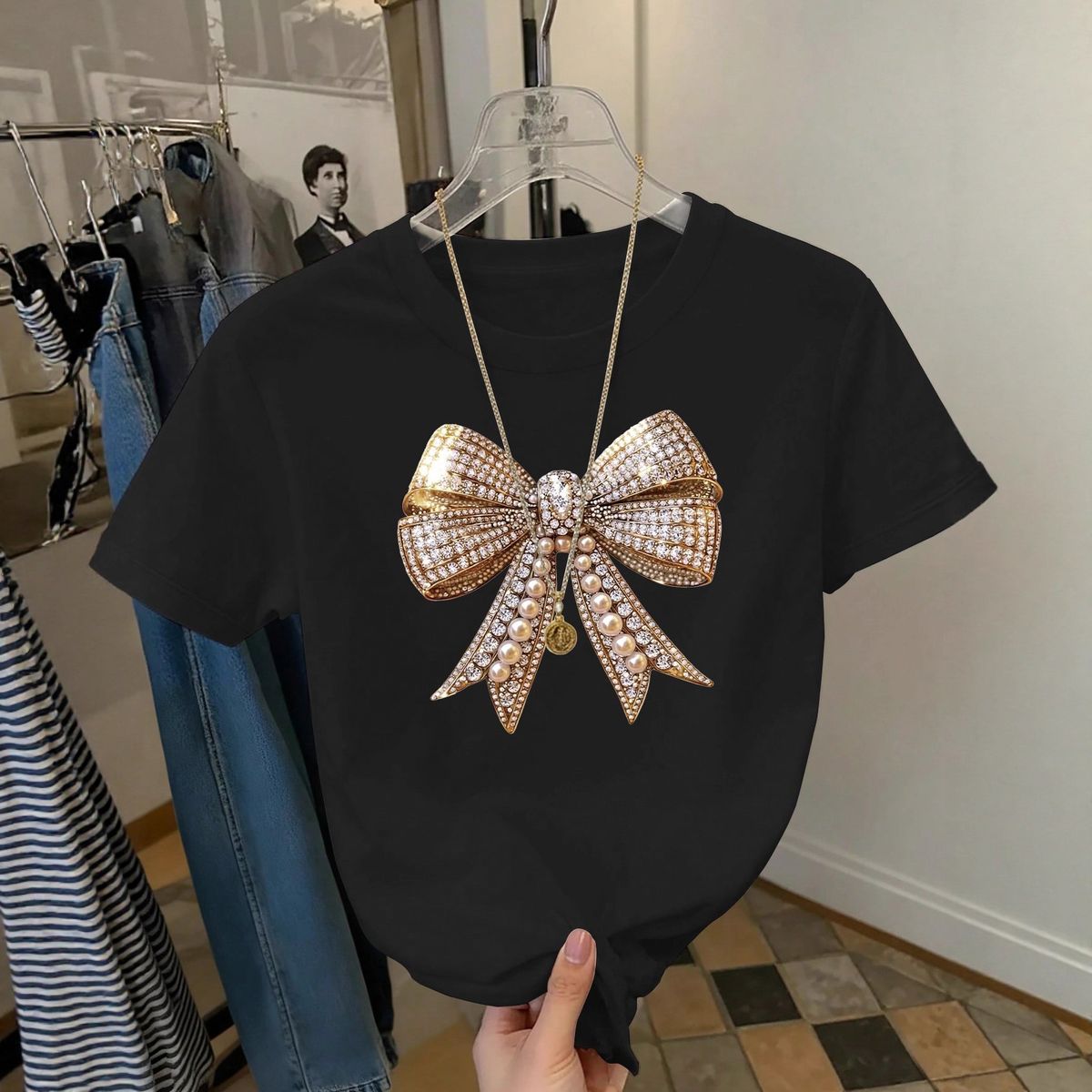 Women's Slim Fit T-Shirt Summer Style European American Bow Pearl Print round Neck Short Sleeve Casual Elegant Fashion_ecoleips.com
