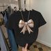 Women's Slim Fit T-Shirt Summer Style European American Bow Pearl Print round Neck Short Sleeve Casual Elegant Fashion_ecoleips.com