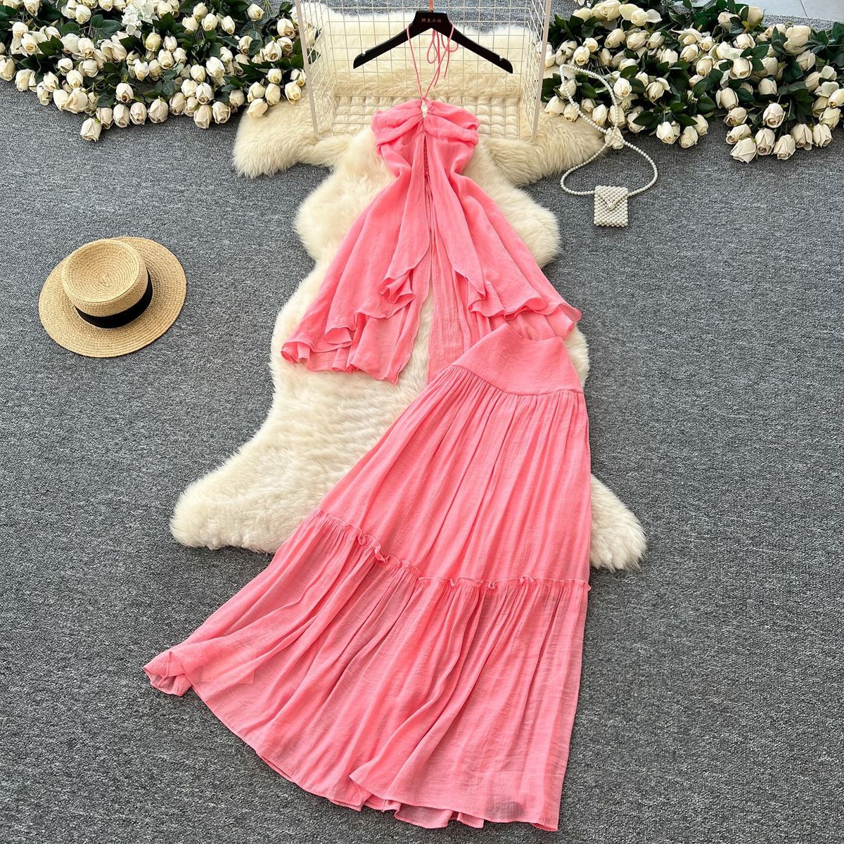 Women's Summer Style Sexy Alluring Vacation Outfit Irregular Halter Neck Suspender Top with Slit High Waisted Skirt Set_ecoleips.com