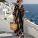 Women's 3D Digital Print Kaftan Long Dress V Neck Three Quarter Sleeve With Long Patch Pocket Fashion_ecoleips.com