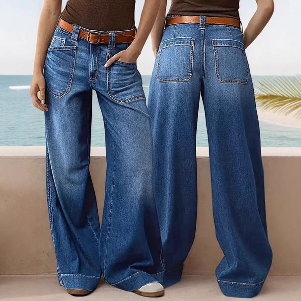 Women's Clothing Loose Slim Women's Wide Leg Straight Pants Denim Nine Point Pants_ecoleips.com