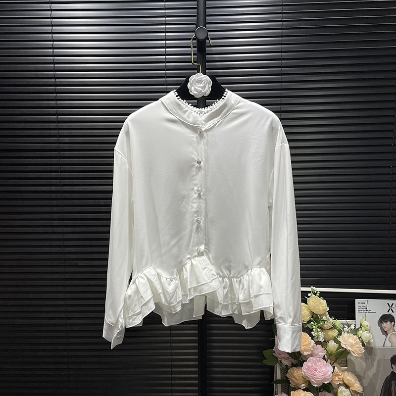 Elegant Stand Collar Long Sleeve Blouse For Women With Pearl Accents, Ruffle Details And Frill Trim, Loose Fit Chiffon Shirt_ecoleips.com
