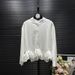 Elegant Stand Collar Long Sleeve Blouse For Women With Pearl Accents, Ruffle Details And Frill Trim, Loose Fit Chiffon Shirt_ecoleips.com