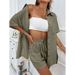 Women's Cotton Linen Shirt Set Solid Tie Dye Short Sleeved Casual Loose Single Breasted European American Style Fashion Shorts_ecoleips.com