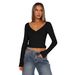2025 Cross-border Hot-selling Short Cropped Long-sleeve T-shirt Top With Buttons, V-neck, Ribbed Design, Fashionable For_ecoleips.com