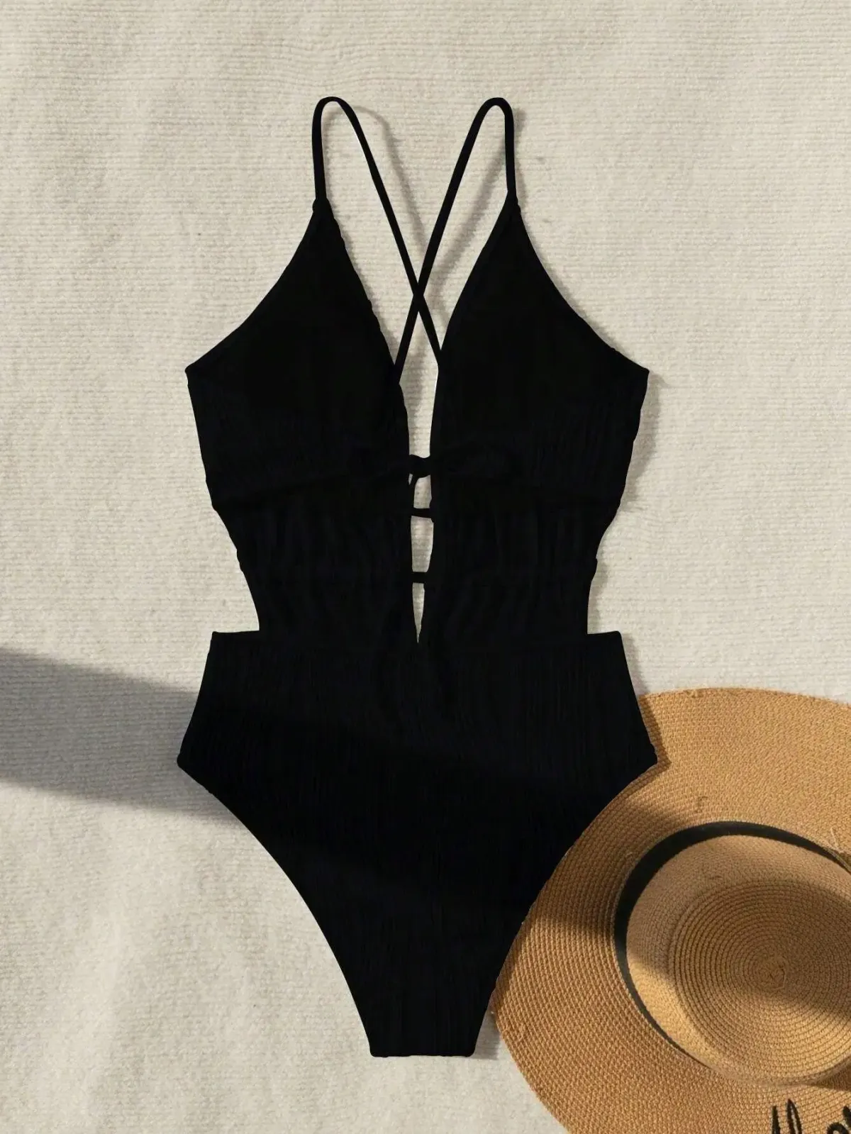 Sexy Ribbed Swimsuit One Piece Deep V-neck Bikinis Bodysuit Back Tie Swimwear High Waist Bathing Suit Beachwear Biquini Tankini_ecoleips.com