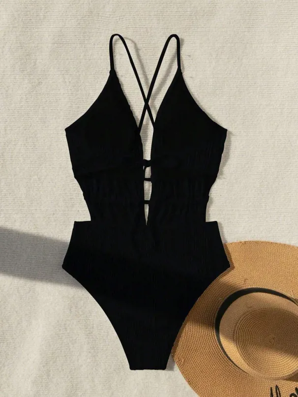 Sexy Ribbed Swimsuit One Piece Deep V-neck Bikinis Bodysuit Back Tie Swimwear High Waist Bathing Suit Beachwear Biquini Tankini_ecoleips.com