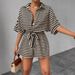 Women's Striped Collared Cardigan Button Down Mid Sleeve Jumpsuit With Belt Spring/Summer_ecoleips.com