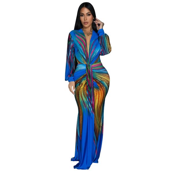 Women's Fashion Dress – Crinkle Textured Color-Block V-Neck Long Sleeve Bodycon Dress (S-Xxl, Blue & Rose Pink)_ecoleips.com