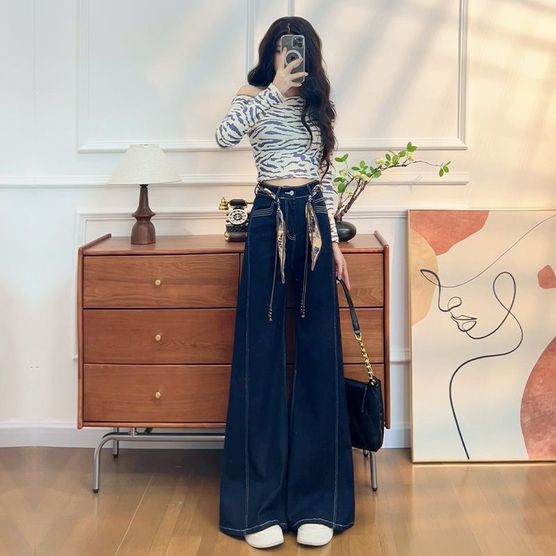 Women's Fleece-lined Flared Jeans 2025 New Model High-waisted Loose Elastic Wide-leg Denim Blue Straight Pants A8573_ecoleips.com