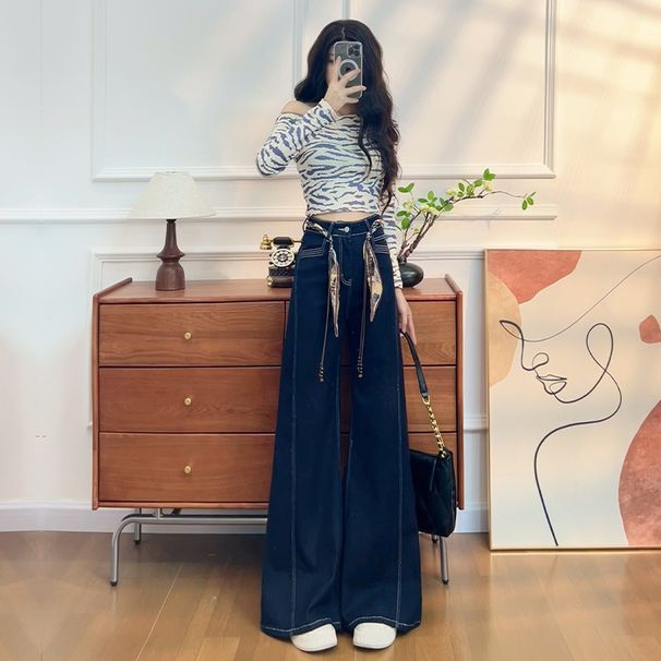 Women's Fleece-lined Flared Jeans 2025 New Model High-waisted Loose Elastic Wide-leg Denim Blue Straight Pants A8573_ecoleips.com