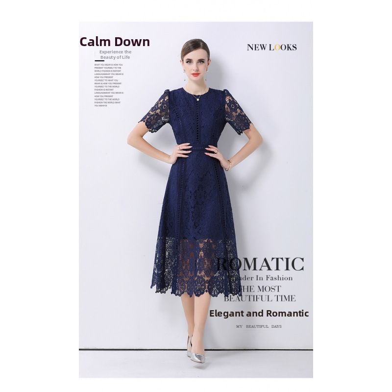 Women's Hepburn Inspired White Evening Dress French Chic Light Luxury Short Sleeved Water Soluble Lace Long Skirt_ecoleips.com