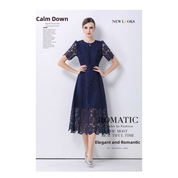 Women's Hepburn Inspired White Evening Dress French Chic Light Luxury Short Sleeved Water Soluble Lace Long Skirt_ecoleips.com