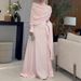 Elegant Pleated Evening Gown With Train - Long Sleeve High Neck Formal Dress For Weddings & Parties - Pink_ecoleips.com