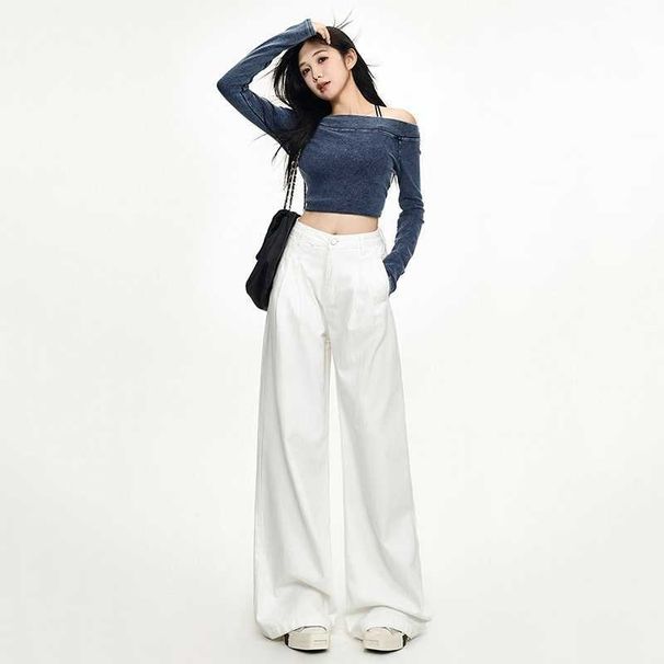 American Retro High-waisted Loose Wide-leg Pleated Drapey Straight Jeans For Women Wholesale_ecoleips.com