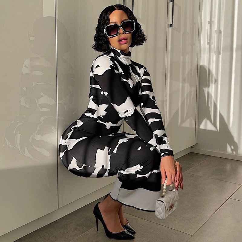 Women's Elegant Floral Print Mock Neck Long Sleeve Bodycon Midi Dress – Slimming Fall Gown 2026_ecoleips.com