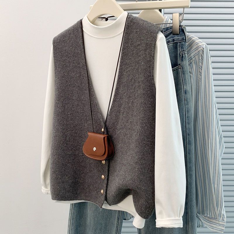 Aria Basics V-neck Knitted Vest Women, Suitable For Spring, Autumn, Winter, 2025 Stylish And Fashionable Vest, Plus-size Cardigan_ecoleips.com
