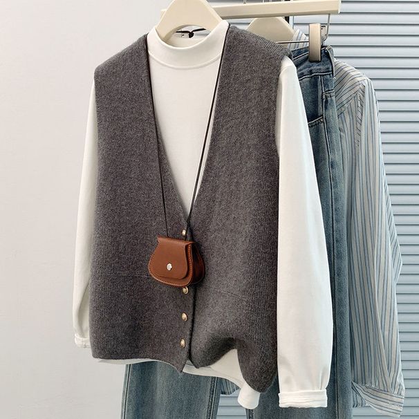 Aria Basics V-neck Knitted Vest Women, Suitable For Spring, Autumn, Winter, 2025 Stylish And Fashionable Vest, Plus-size Cardigan_ecoleips.com