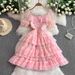 Women's Clothing Style Three Dimensional Flower Square Neck Short Sleeved Dress Female Celebrity Super Fairy Print Waist Slim Cake Mid Length Skirt_ecoleips.com