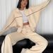 Women's Polyester Blend Stand Collar Zip Hoodie & Striped Drawstring Pants Set - Casual Streetwear (Beige/Light Grey/Black/More, S/M/L/XL)_ecoleips.com