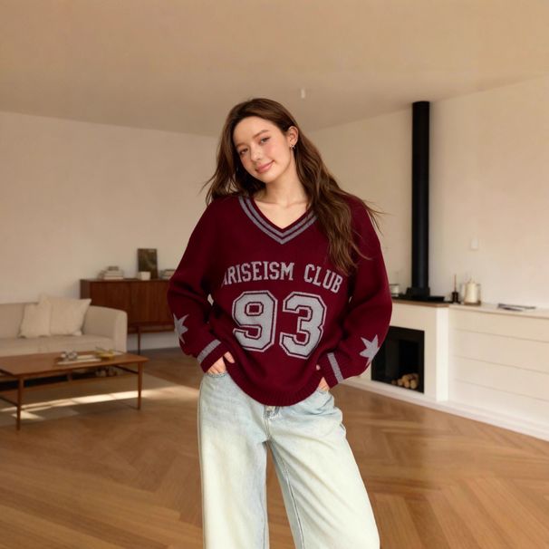 Oversized V-Neck Sweater Women’S Casual Pullover – Soft Acrylic Blend, Loose Fit, Color-Blocked Numbers, Comfortable & Stylish (Ivory, Wine Red)_ecoleips.com