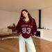 Oversized V-Neck Sweater Women’S Casual Pullover – Soft Acrylic Blend, Loose Fit, Color-Blocked Numbers, Comfortable & Stylish (Ivory, Wine Red)_ecoleips.com