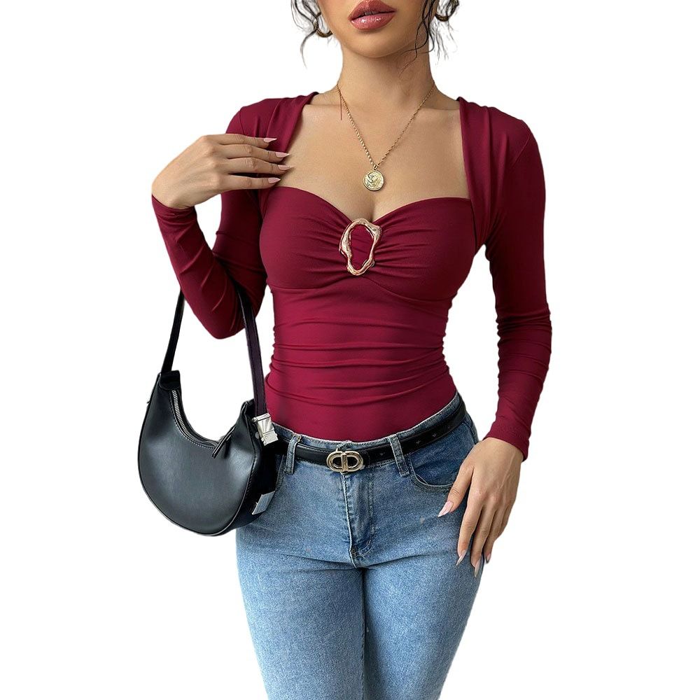 Voya Spring And Summer New French Retro Square Neck Long Sleeved Slim Pleated Top For Women's Clothing, Wine Red Niche Design Base Shirt_ecoleips.com