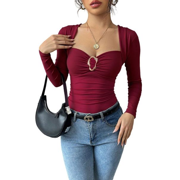 Voya Spring And Summer New French Retro Square Neck Long Sleeved Slim Pleated Top For Women's Clothing, Wine Red Niche Design Base Shirt_ecoleips.com