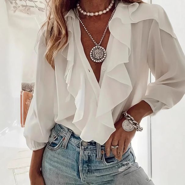 2026 Cross-Border Source European And American Women's Clothing Shirts V-Neck Long Sleeve Ruffle Tops_ecoleips.com